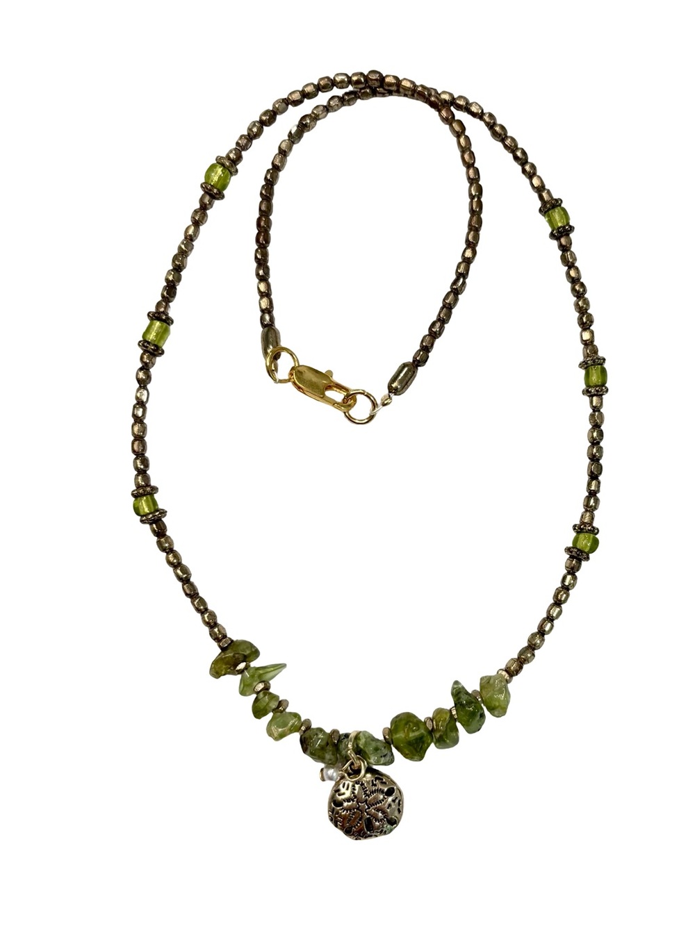HAND CRAFTED Gold, Peridot Chip, Czech Bead Necklace, gold sand dollar charm